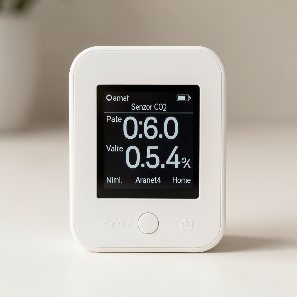 Senzor CO2 Aranet4 Home, display e-ink alb-negru cu valori mari lizibile, carcasă plastică albă cu buton de calibrare și baterie cu autonomie de 4 ani