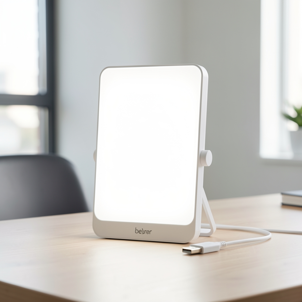 Lampă terapie lumină Beurer TL30, panou dreptunghiular compact alb cu 10.000 lux, suport reglabil și cablu USB, indicată pentru deficit vitamina D și tulburare afectivă sezonieră
