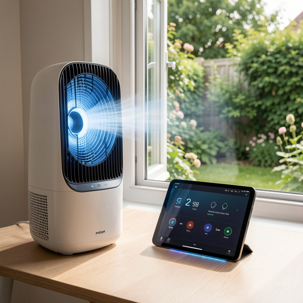 Camera de zi moderna cu purificator de aer Philips pornit, indicatoare de calitate aer afisate pe tableta, fereastra deschisa spre curte verde, aer curat vizibil reprezentat prin albastru