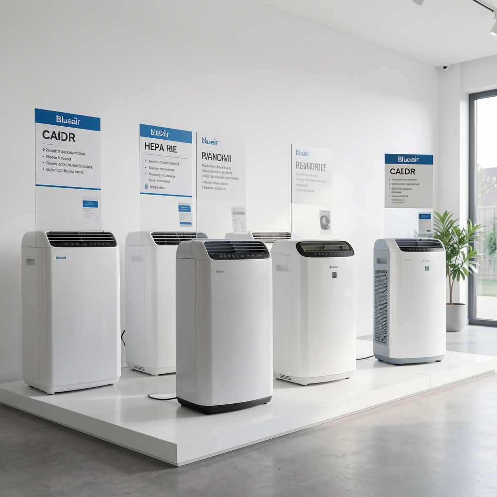 Rafturi cu mai multe modele de purificatoare de aer Philips Levoit si Blueair pe fundal alb in showroom smart home modern, etichete cu specificatii CADR si HEPA vizibile