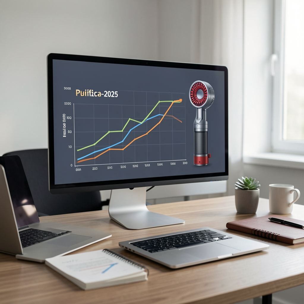 Grafic interactiv dinamica preturi purificatoare 2024-2025 pe monitor, cu curbe de pret pentru Philips Xiaomi si Dyson, birou de analiza cu laptop si notebook