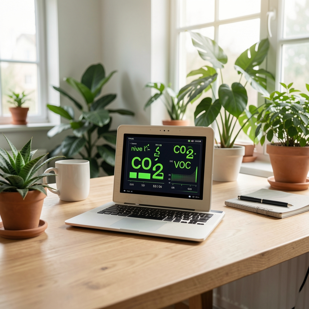 Senzor de calitate aer Awair Element pe un birou din lemn natural, afisand niveluri CO2 si VOC pe ecran OLED, birou home office luminos cu plante verzi in fundal