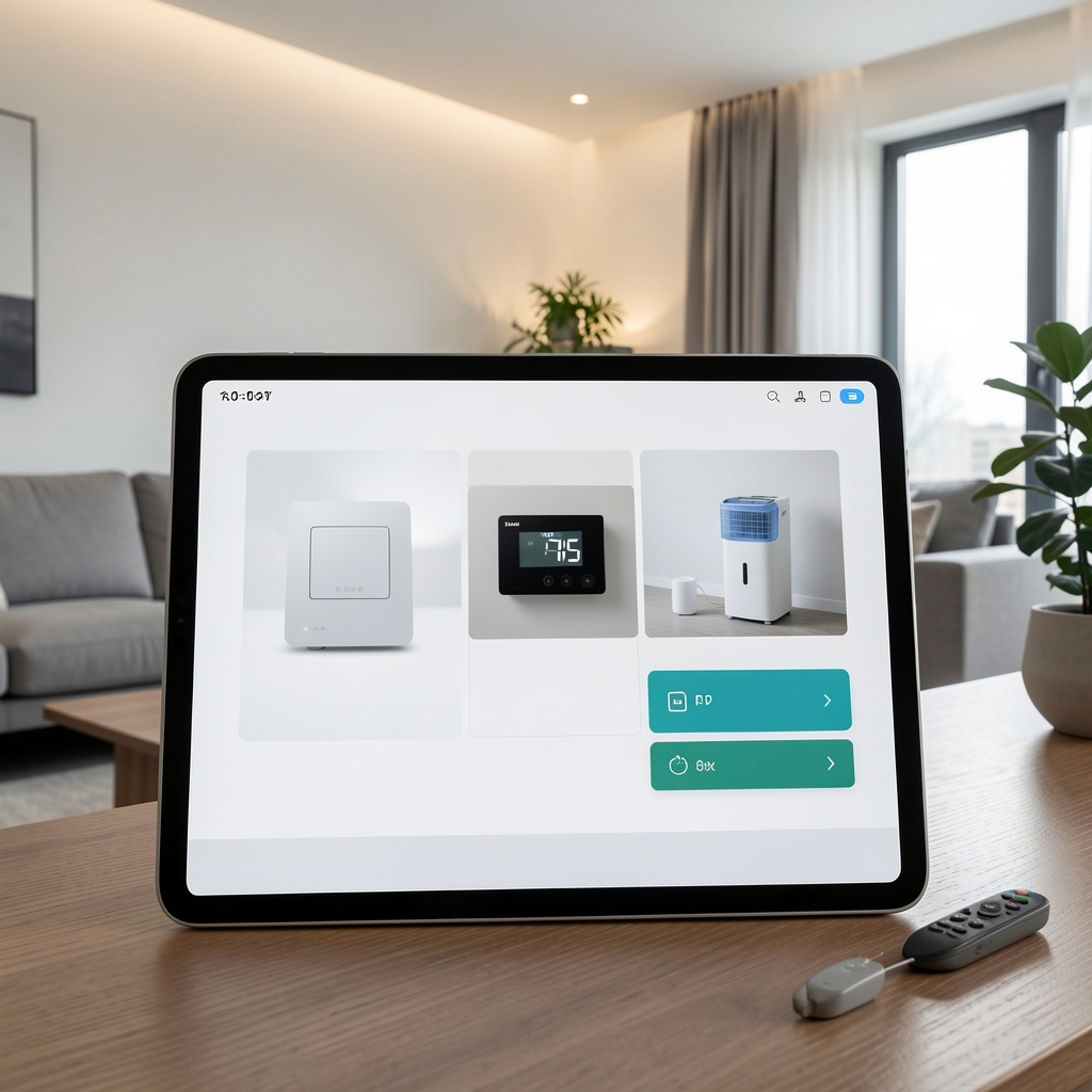 Tablou de control smart home pe tableta, afisand termostat, purificator si senzori activi, living modern minimalist cu lumini ambientale reglate inteligent