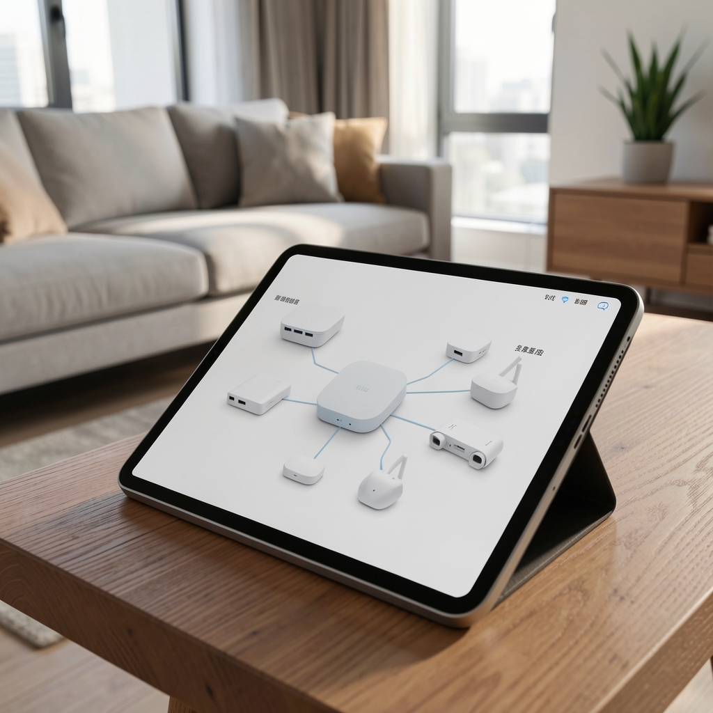 Configurare smart home cu hub central și mai multe dispozitive conectate vizibile pe ecranul tabletei dintr-un living modern
