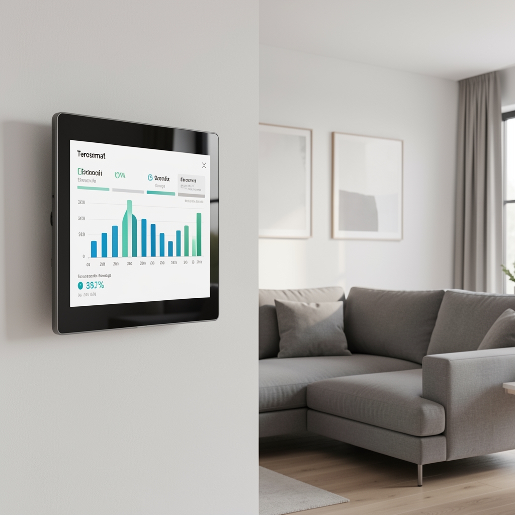 Ecran termostat inteligent Google Nest montat pe perete alb, afisand grafic de economii energie pe 30 de zile, living modern cu canapea gri in fundal