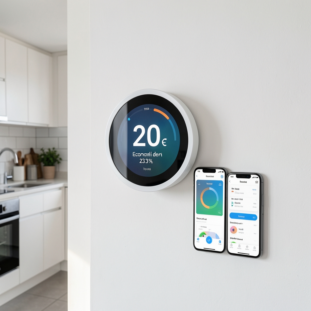 Termostat inteligent Tado montat pe perete alb in bucatarie moderna, ecran circular afisand 20 grade si economii de 23 procente, smartphone langa cu aplicatie de control