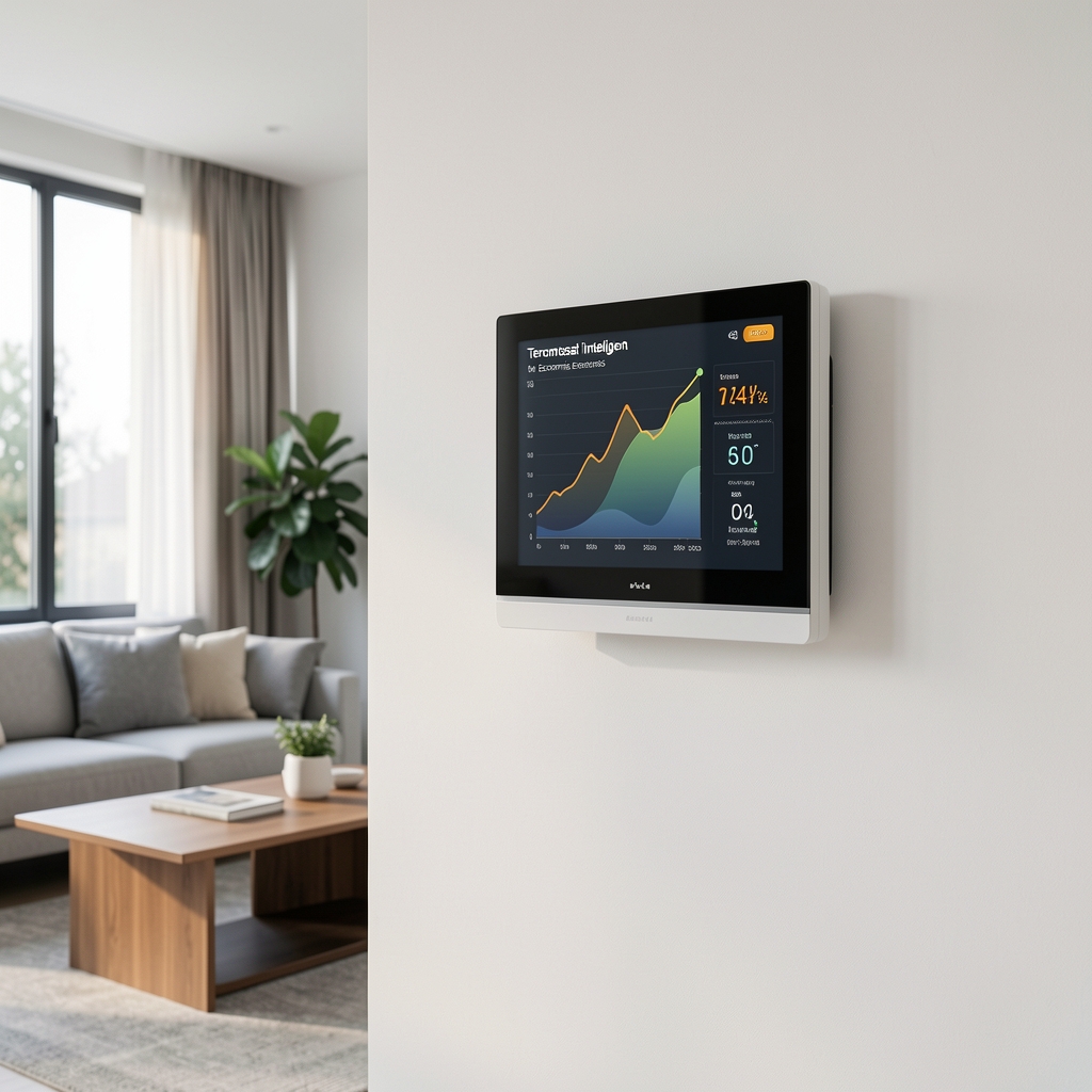 Termostat inteligent cu grafic de economii energetice pe ecran montat pe un perete alb dintr-un living modern