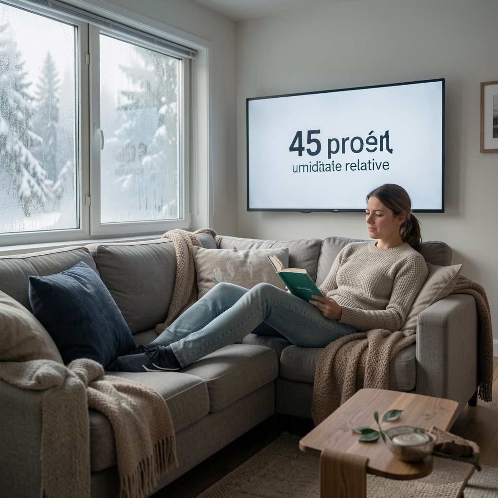 Umidificator Dyson Humidify Plus in living confortabil iarna, indicand 45 procente umiditate relativa pe ecran, geamuri cu condens mic, persoana citind pe canapea