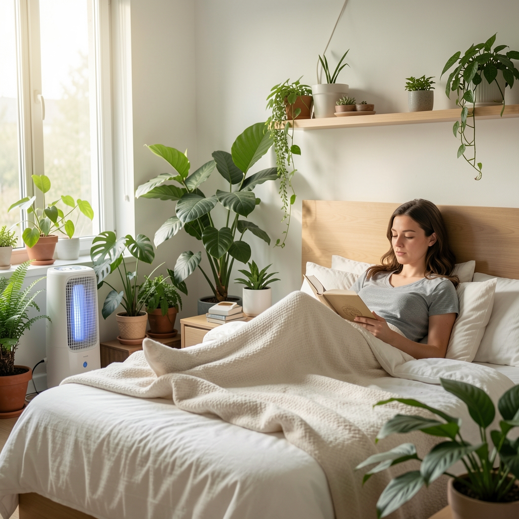 Dormitor luminos cu plante verzi, umidificator si purificator de aer active, persoana relaxata citind pe pat cu lumina naturala, atmosfera calm si aer curat