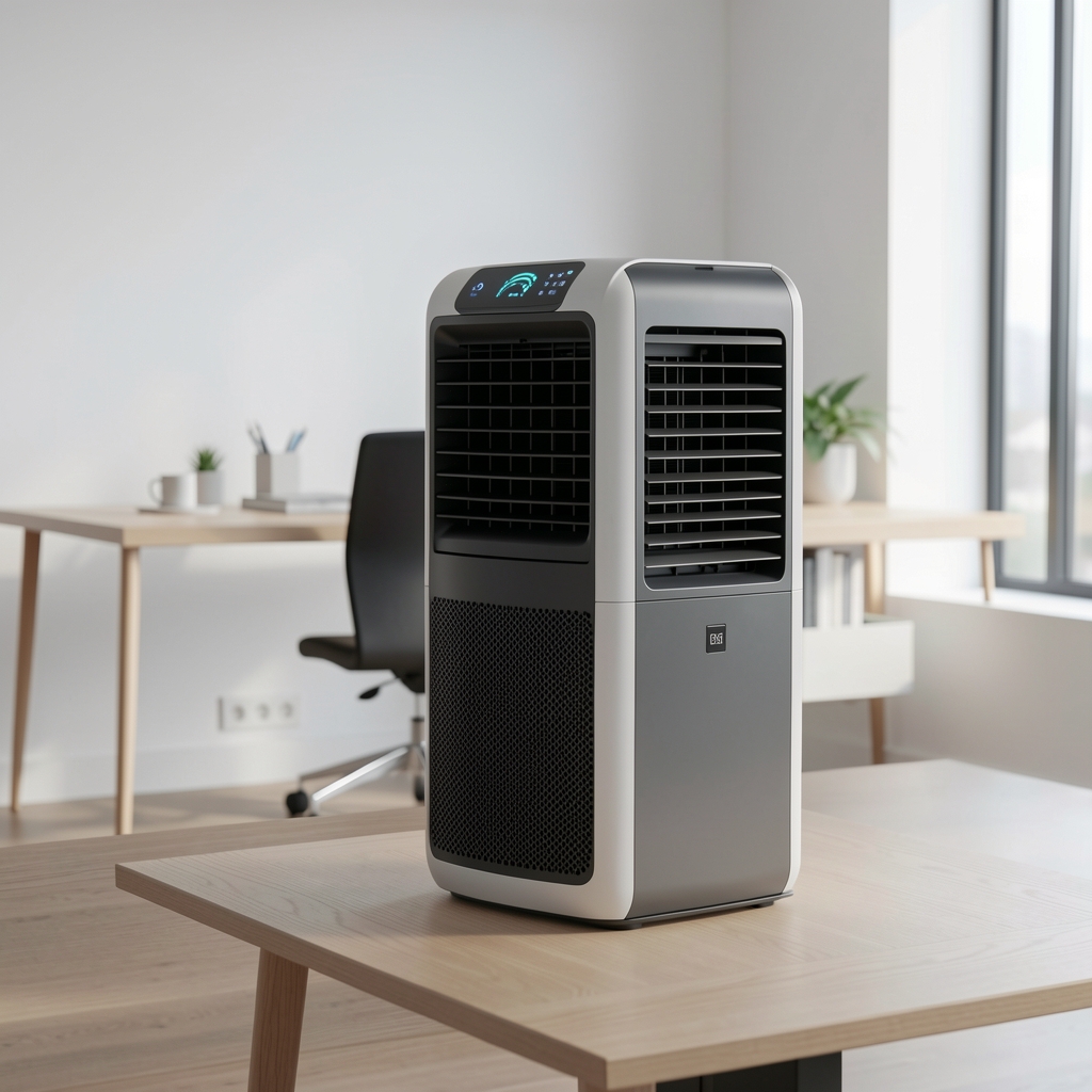Purificatoare de aer moderne cu filtrare HEPA și indicator calitate aer pe un birou minimalist