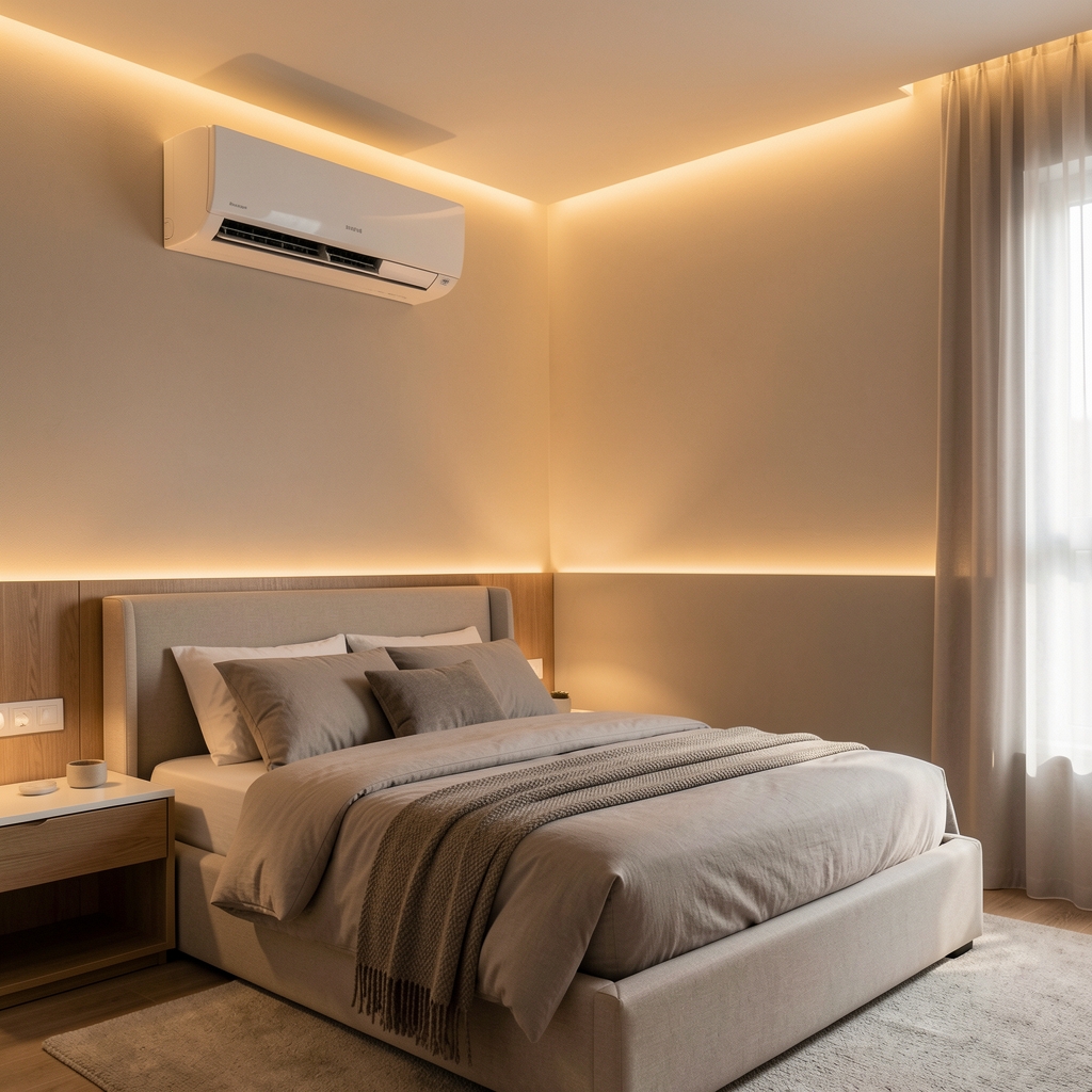 Aparat de aer condiționat split montat pe peretele unui dormitor modern cu lumini LED warm