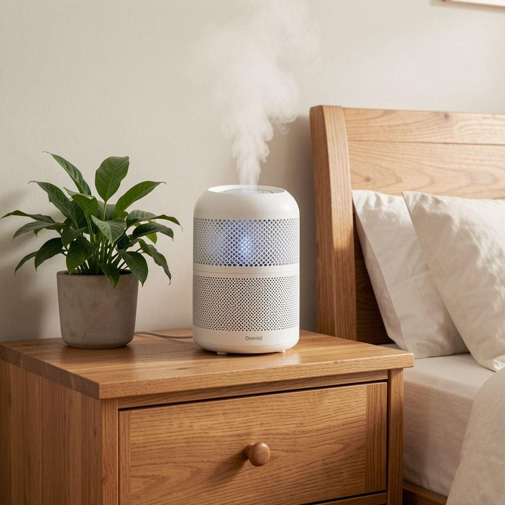 Umidificator ultrasonic cu abur rece pe o noptieră din lemn deschis lângă plante verzi