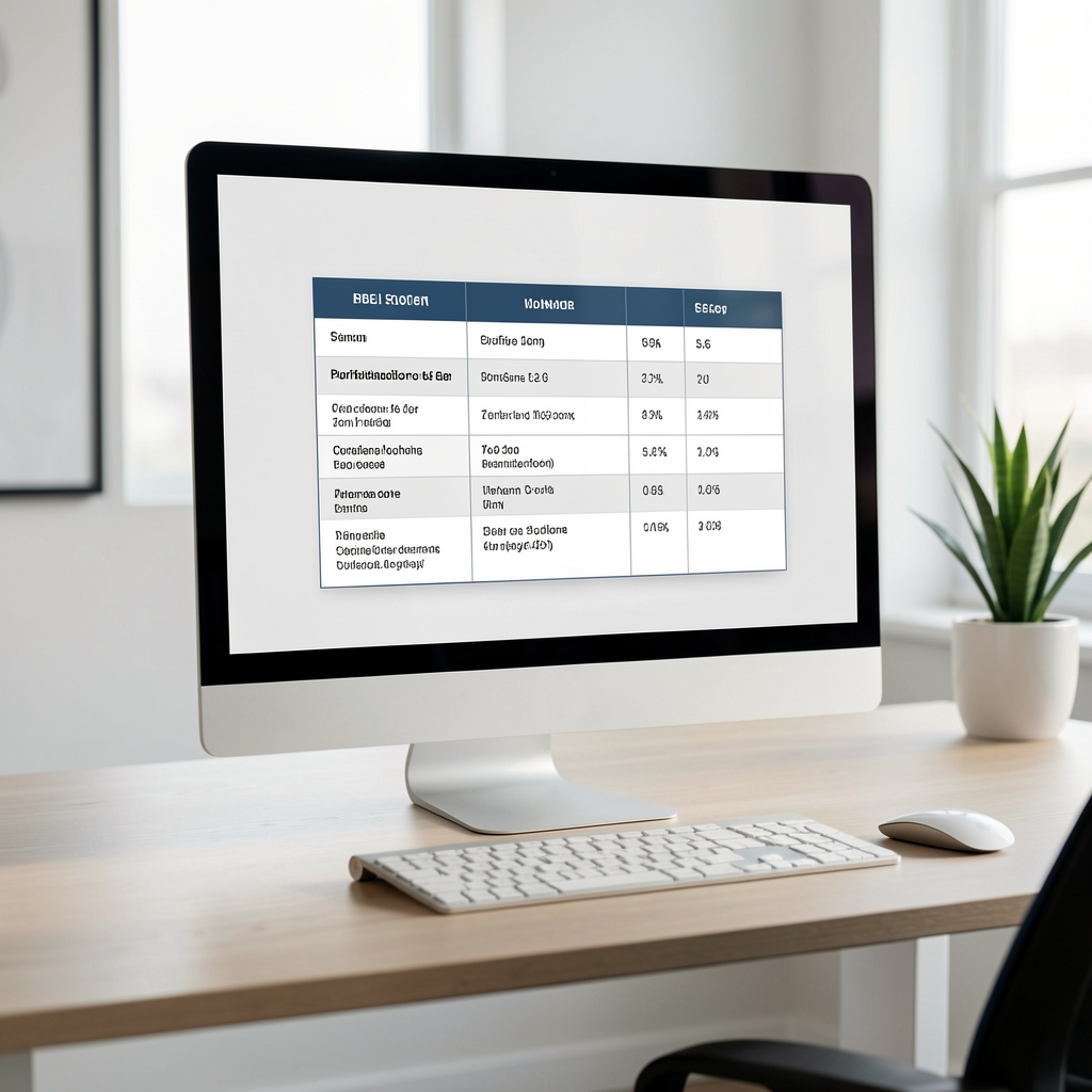 Tabel comparativ purificatoare de aer cu specificații tehnice afișate pe un monitor de birou modern