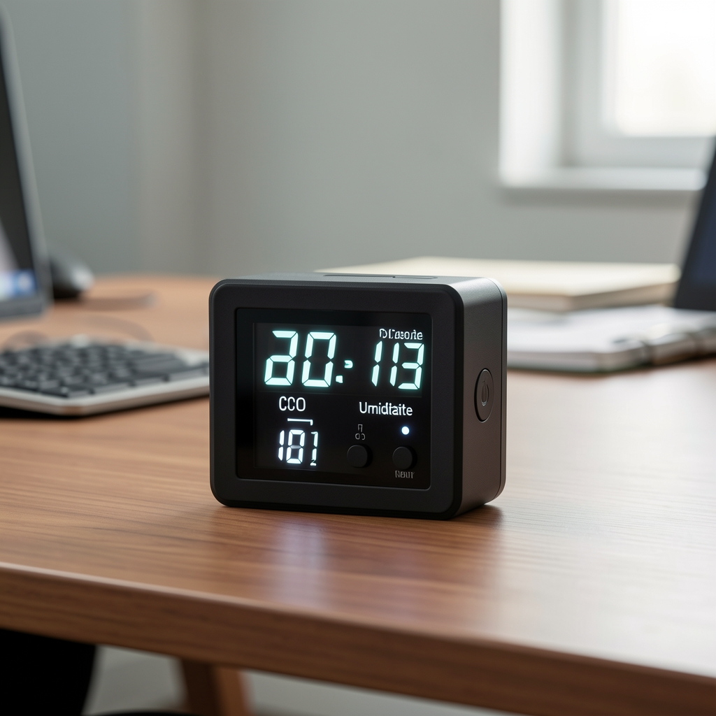 Senzor de calitate a aerului cu display LED arătând valori CO2, umiditate și temperatură pe o masă de birou