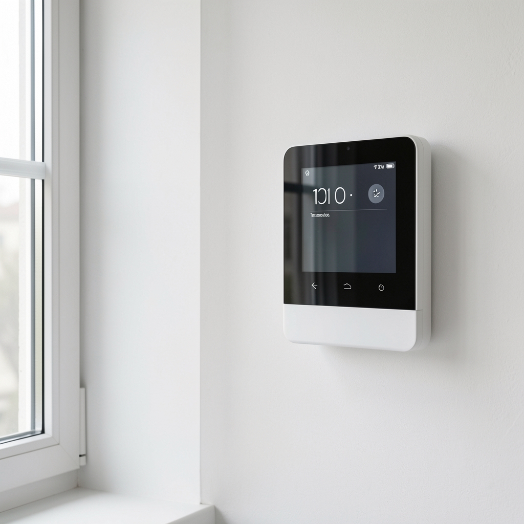 Termostat inteligent cu ecran touch montat pe perete alb lângă fereastră cu lumină naturală
