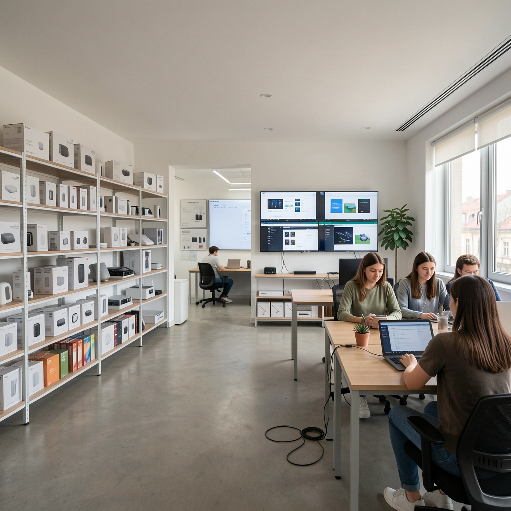 Biroul Clivora din Oradea, spațiu modern de lucru deschis cu zone de testare a produselor smart home, rafturi cu dispozitive, ecrane multiple și echipă tânără la birouri cu laptopuri