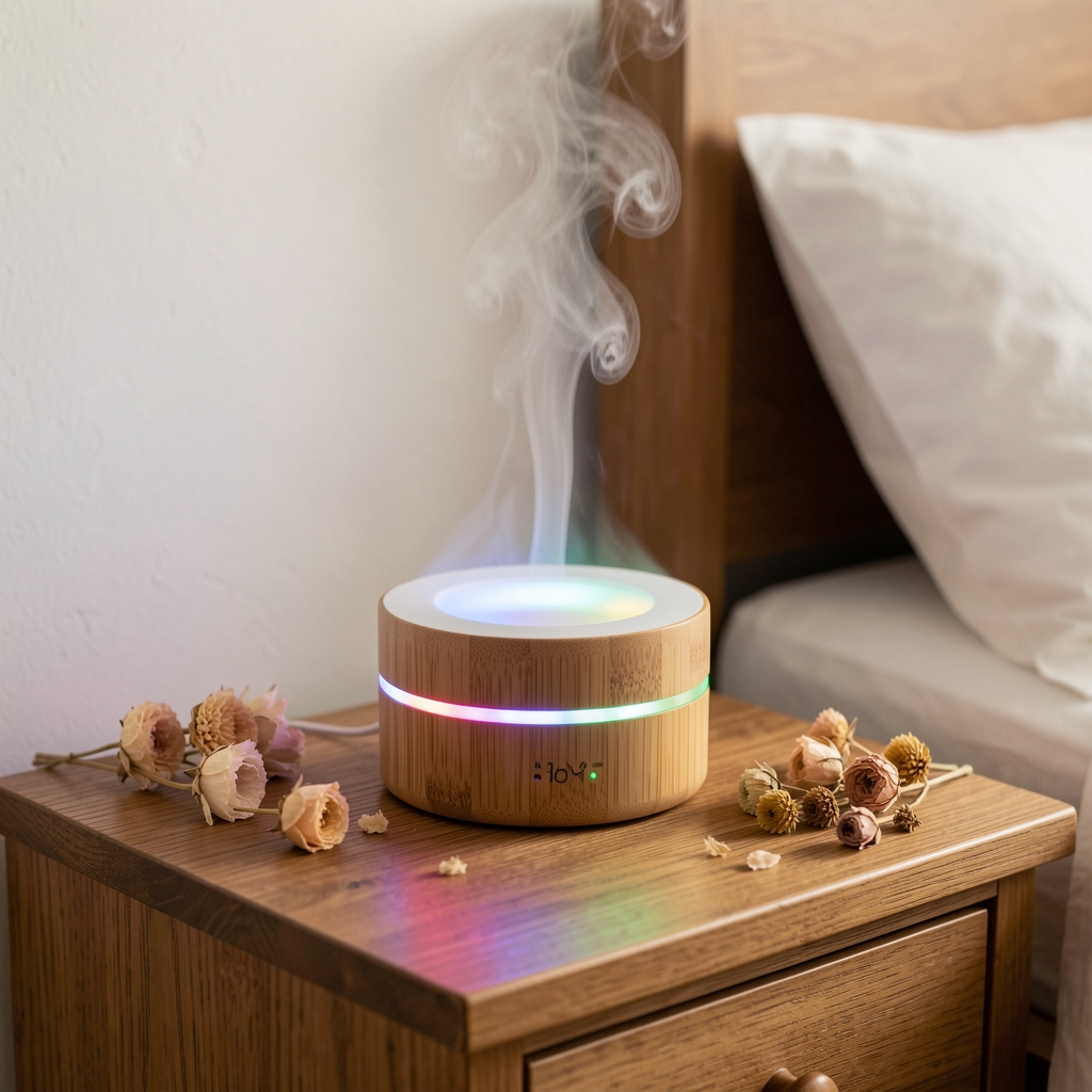 Difuzor de aromaterapie cu ultrasunete din bambus natural, ceață fină vizibilă și iluminat LED multicolor schimbabil, pe o noptieră de lemn cu flori uscate