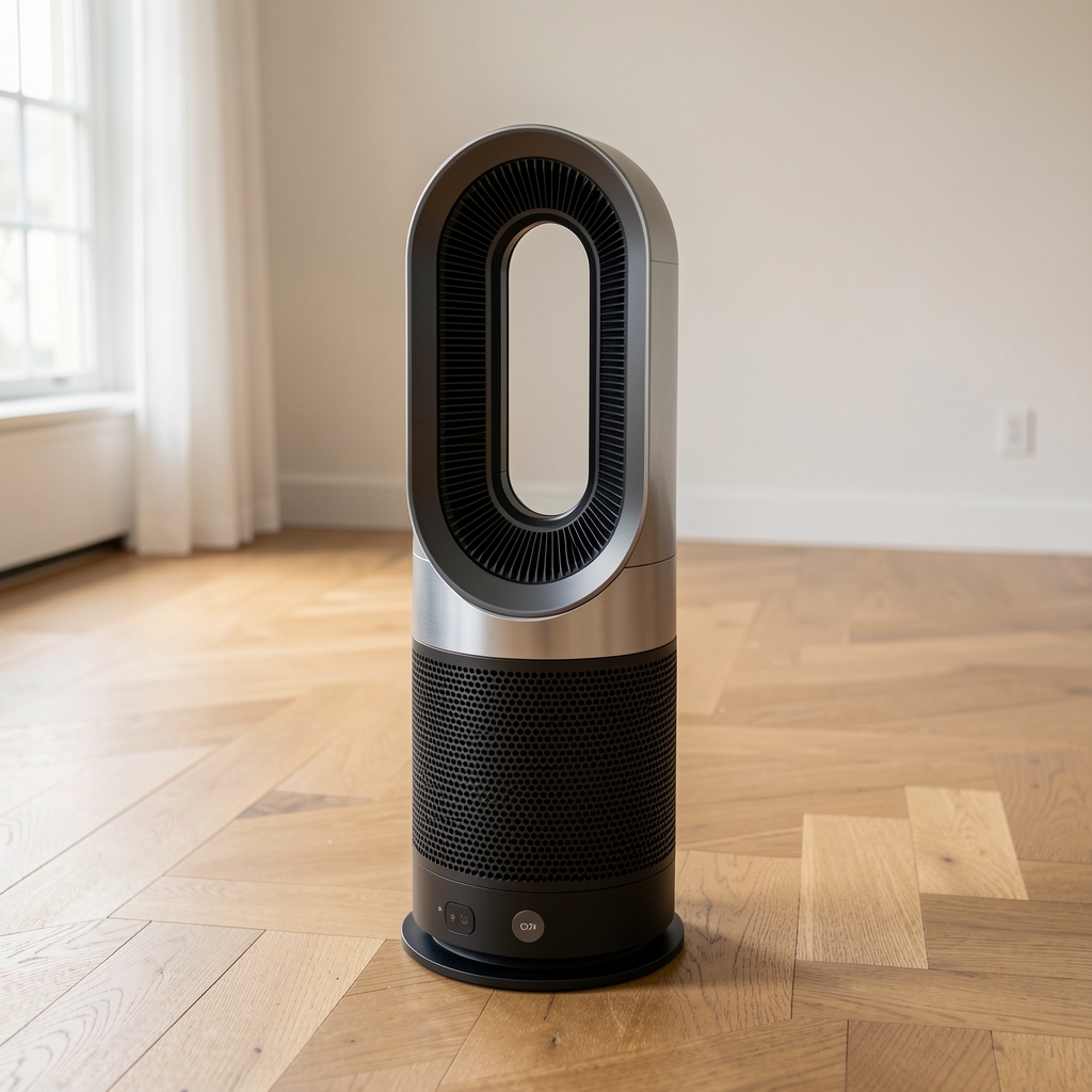Ventilator și purificator Dyson HP07 Hot+Cool, design lamelar fără pale, corp argintiu și negru cu telecomandă magnetică inclusă, pe podea de parchet deschis