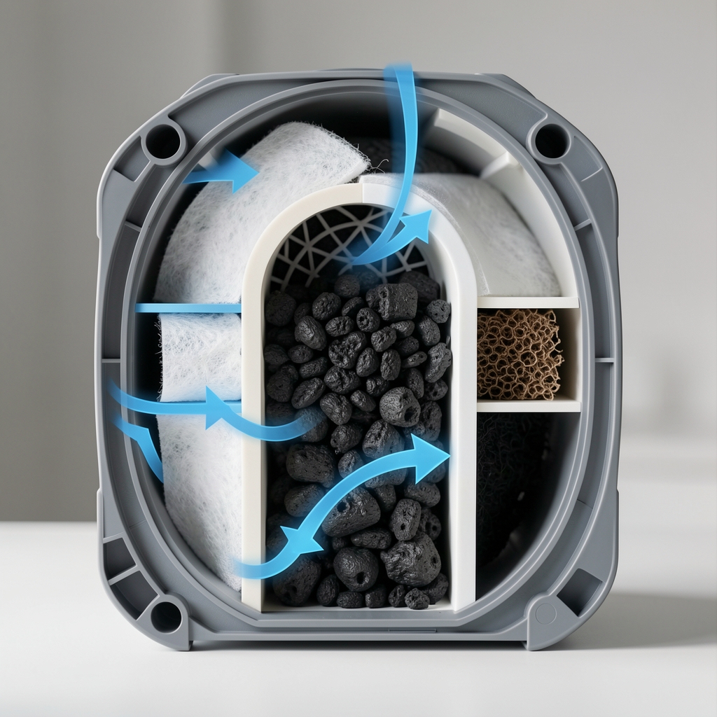 Secțiune transversală a unui purificator de aer care arată straturile de filtrare: pre-filtru, filtru HEPA H13 și carbon activ, cu diagramă de flux al aerului