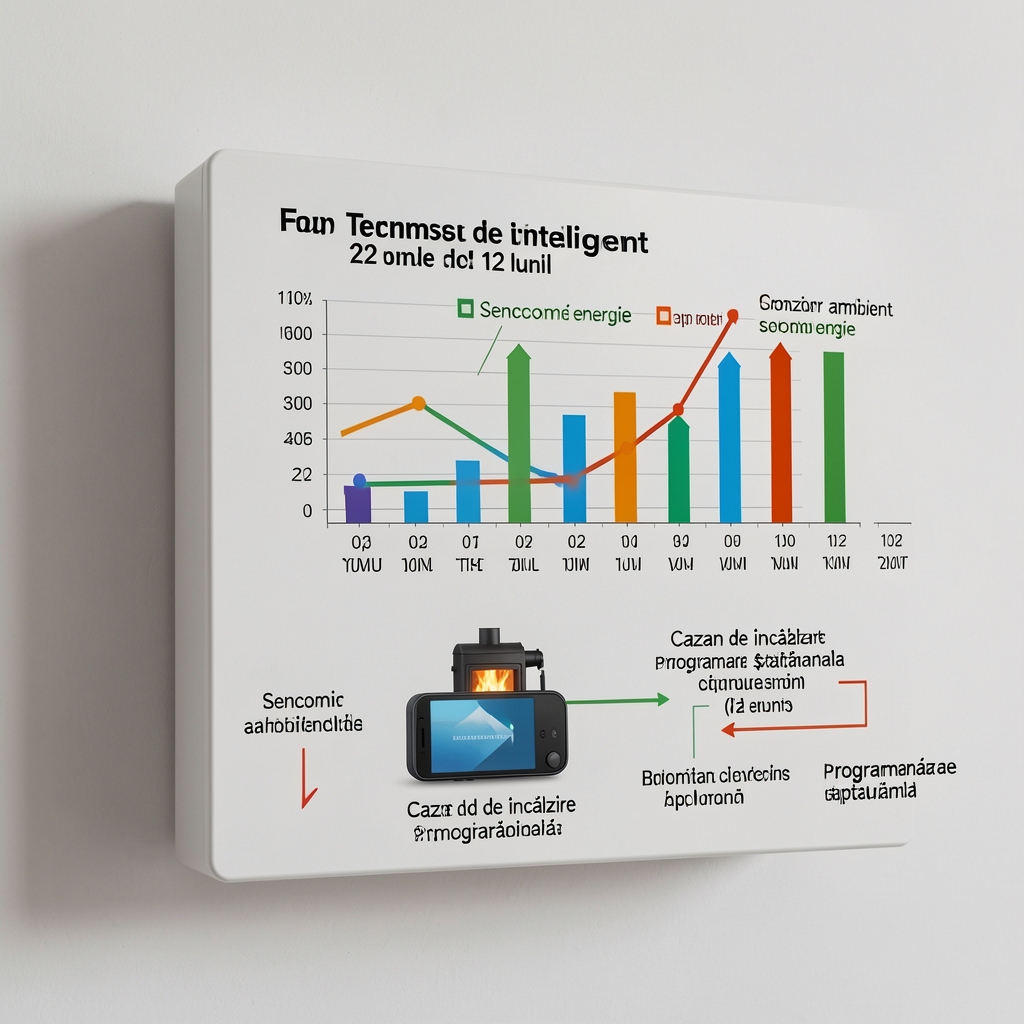 Infografic termostat inteligent cu grafic de economie energie pe 12 luni, structura sistemului: senzor ambient, app mobil, cazan de încălzire și programare săptămânală