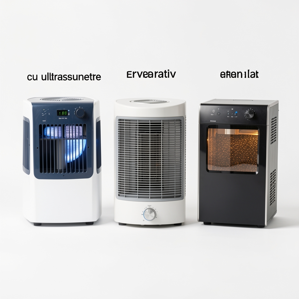Comparație vizuală trei tipuri umidificatoare: cu ultrasunete, evaporativ cu filtru și cu abur cald, așezate pe același fond alb cu etichete tehnice