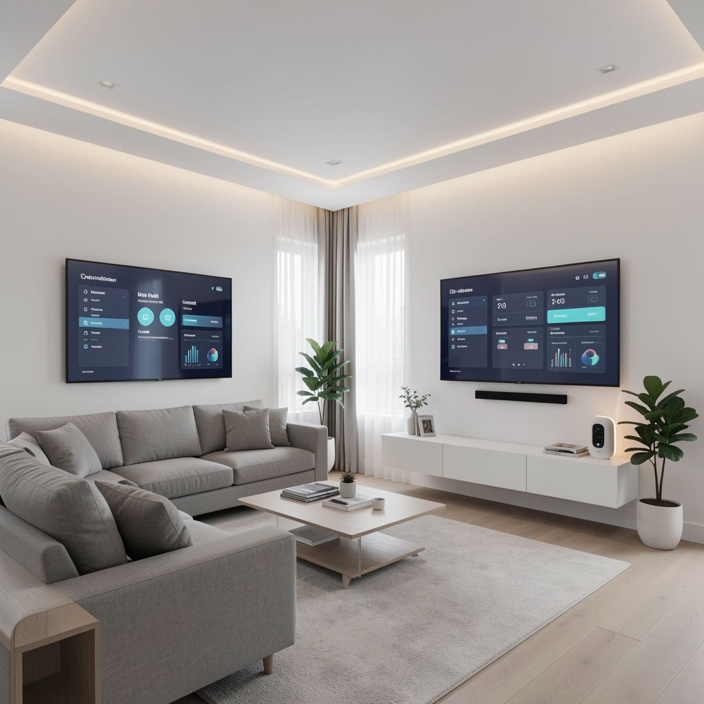 Interior modern al unui living smart home cu iluminat ambiant, aer purificat și ecrane de control al climatizării pe pereți albi și mobilier minimalist