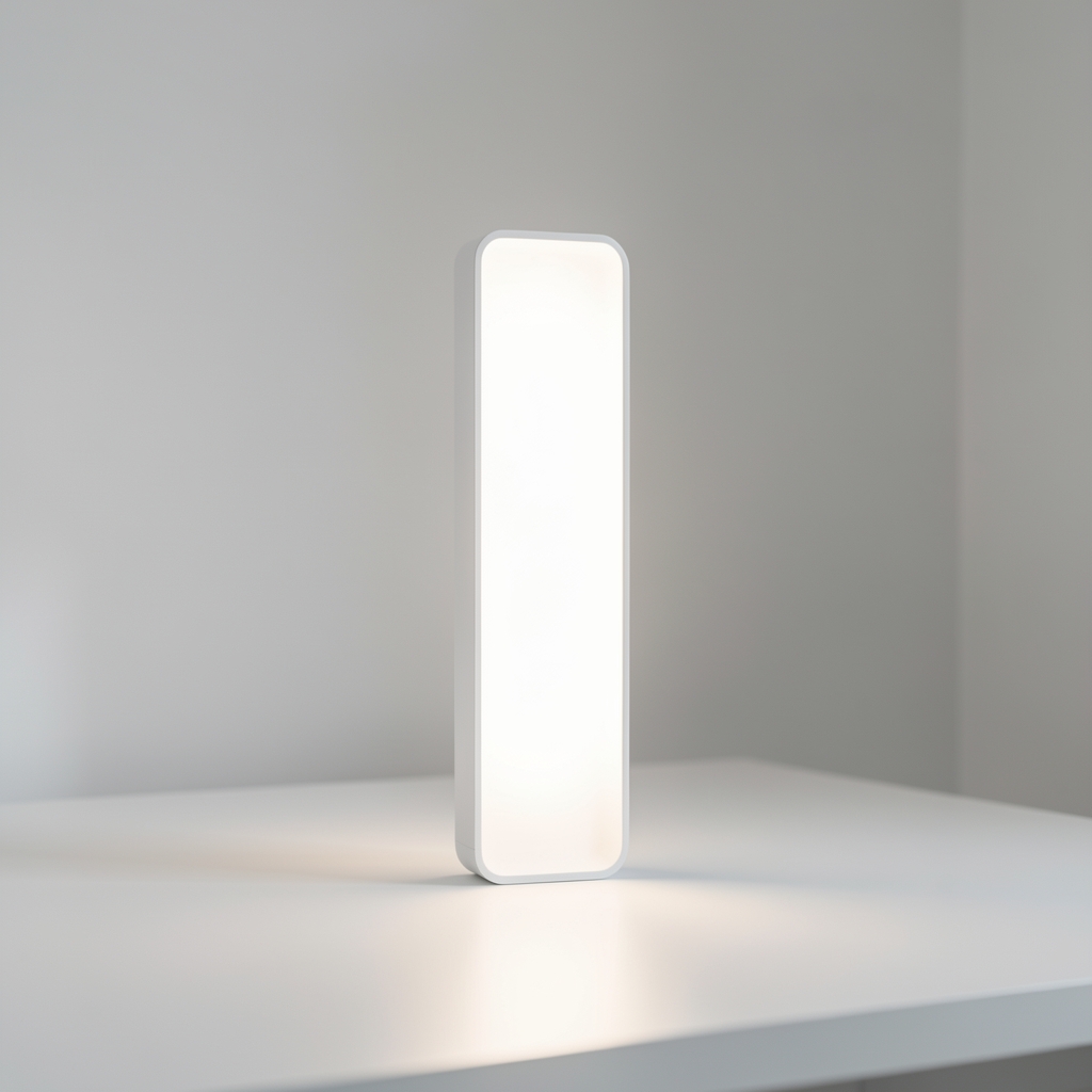 Lampă de terapie cu lumină albă de 10.000 lux pentru tratamentul depresiei sezoniere, design slim rectangular pe birou minimalist alb