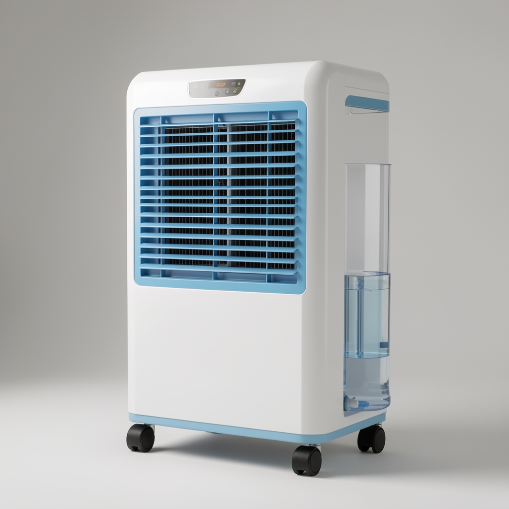 Răcitor evaporativ Olimpia Splendid Dolceclima Compact, carcasă albă cu grile albastre, roți mobile și rezervor de apă transparent pe lateral