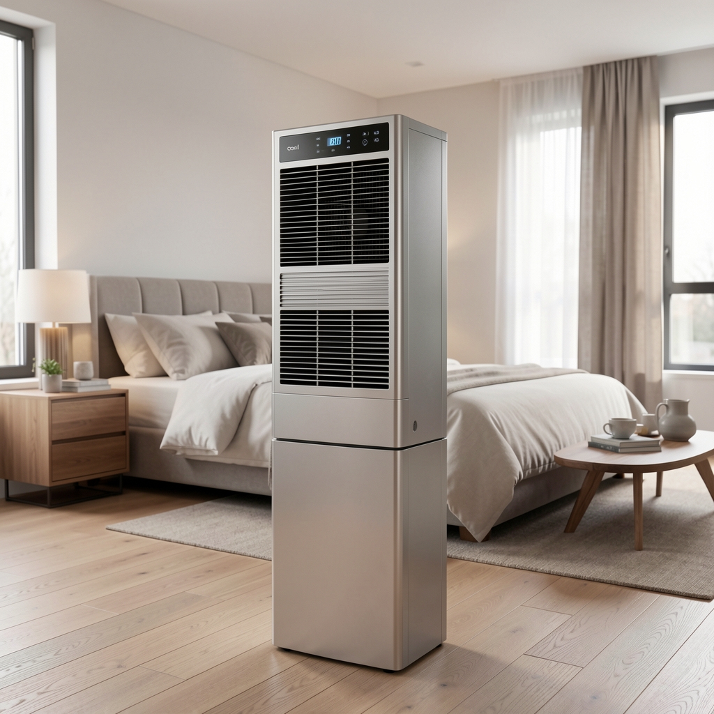 Ventilator purificator Dyson Pure Cool TP07 argintiu pe piedestal înalt într-un dormitor modern cu parchet deschis