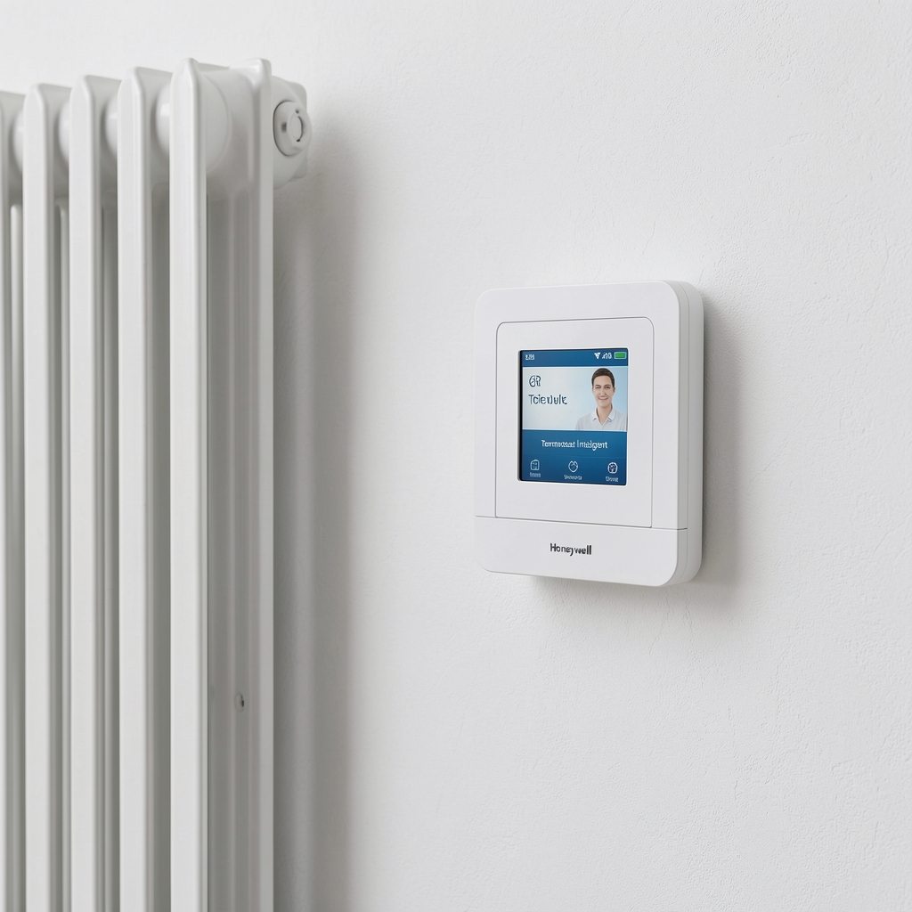 Termostat inteligent Honeywell T6R alb cu ecran LCD montat pe peretele de lângă calorifer