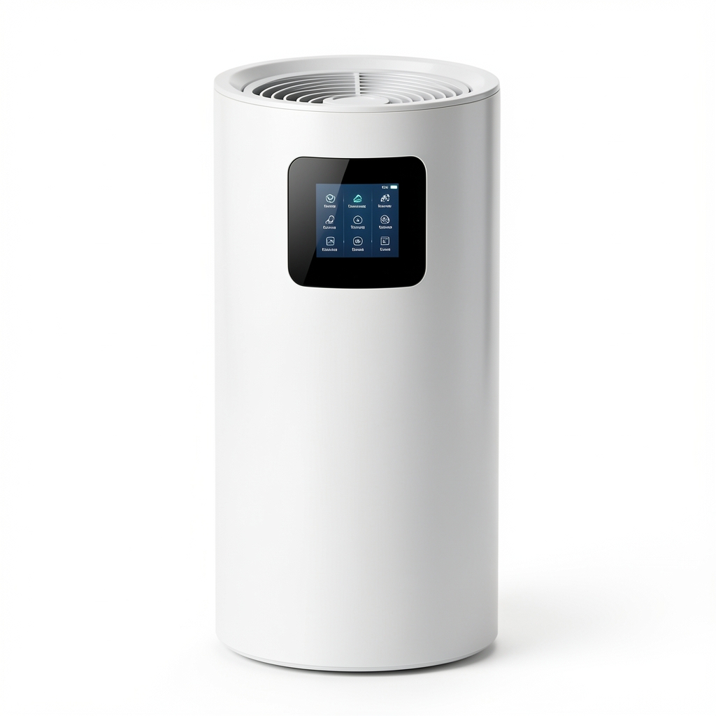 Purificator Levoit Core 400S forma cilindrică albă cu iluminare LED de noapte pe un birou din lemn