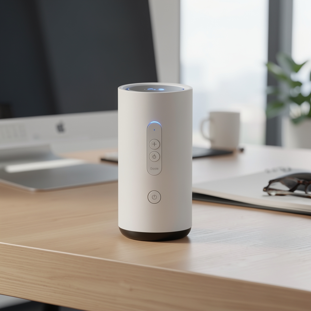 Purificator Xiaomi Smart Air Purifier 4 Pro alb cilindric cu butoane tactile pe un blat de birou modern