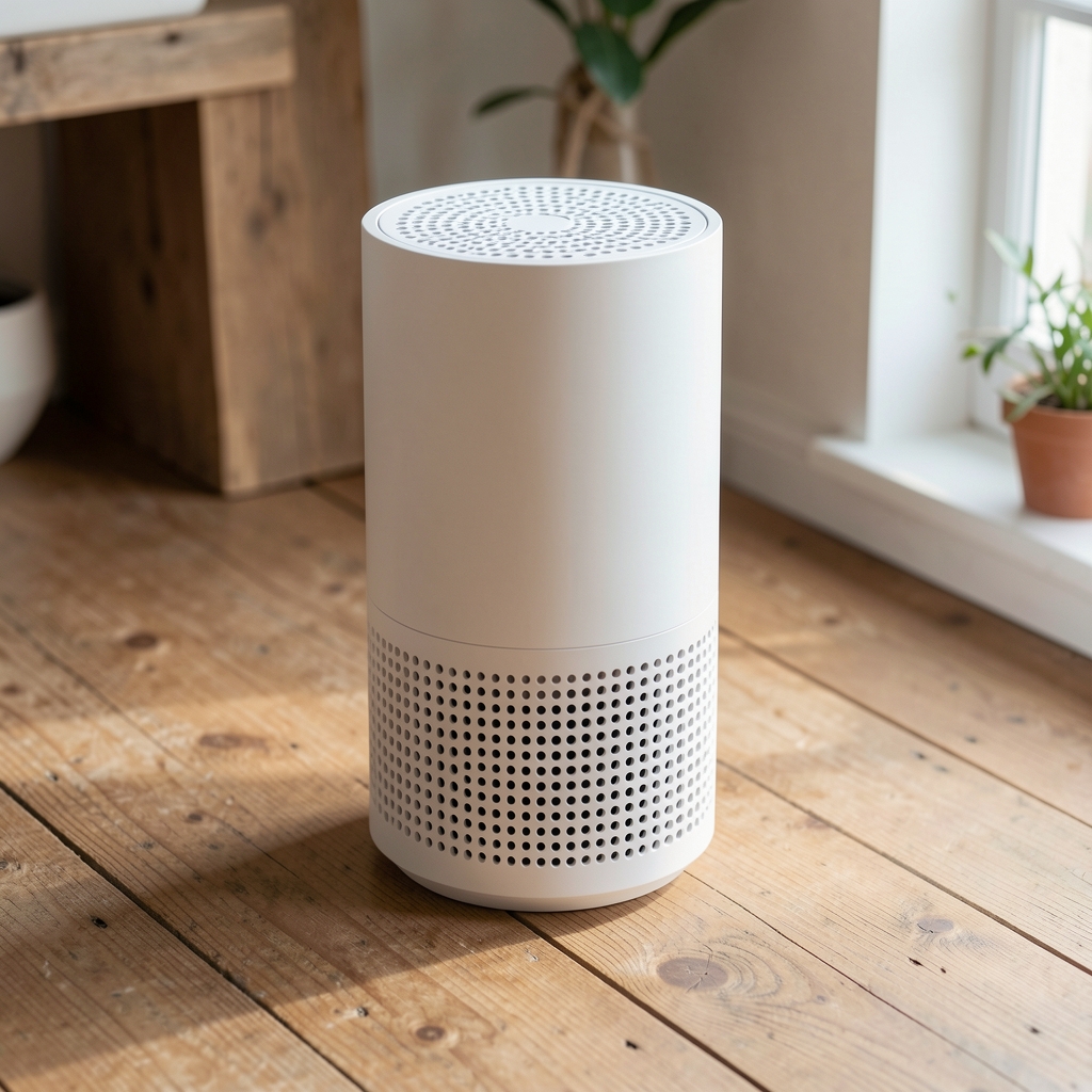 Purificator Xiaomi Smart Air Purifier 4 cilindric alb cu grile perforate pe podea de lemn