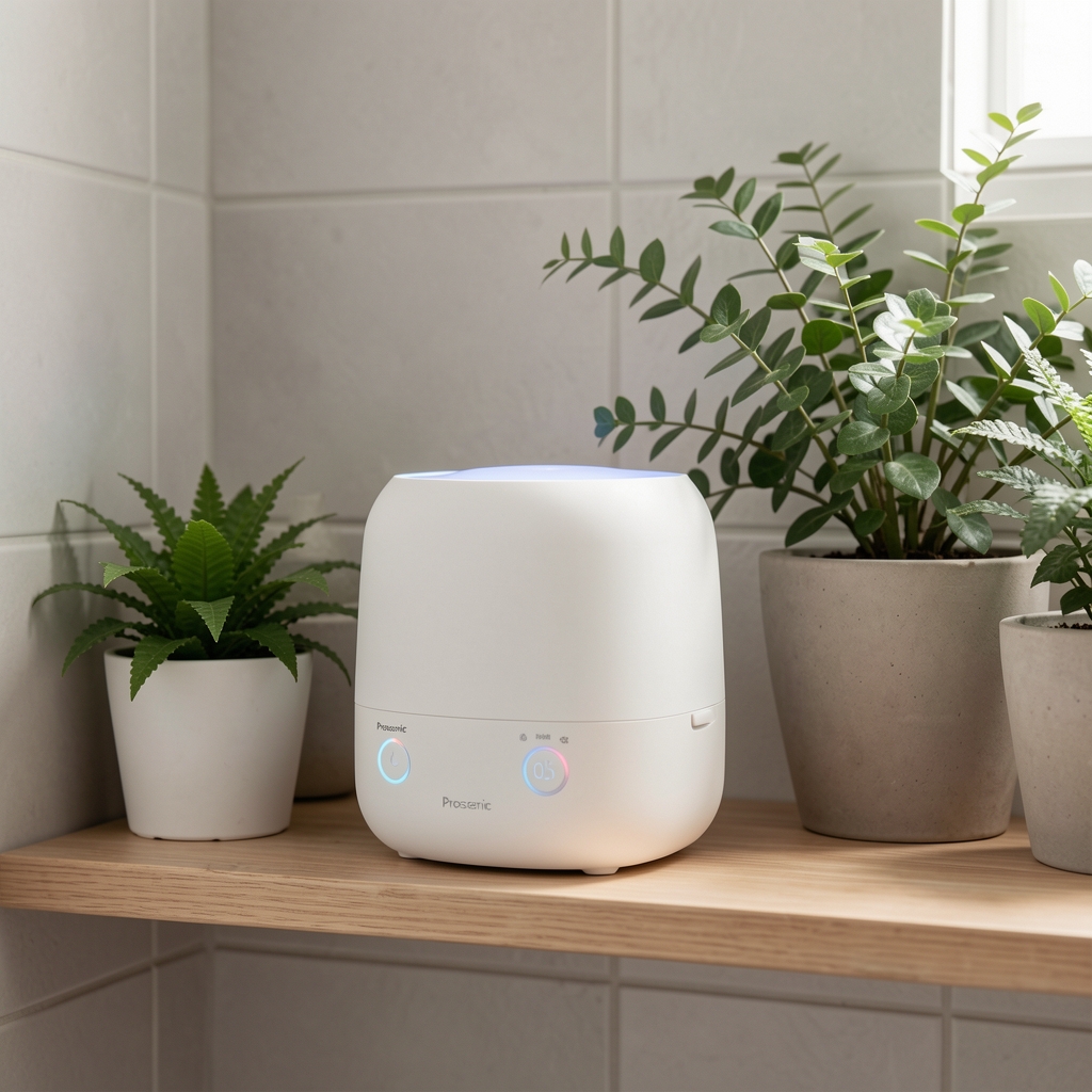 Difuzor aromaterapie Proscenic ceramic alb cu capacitate 500ml, 7 culori LED ambientale, buton touch și indicator nivel apă, pe un raft de baie cu plante verzi