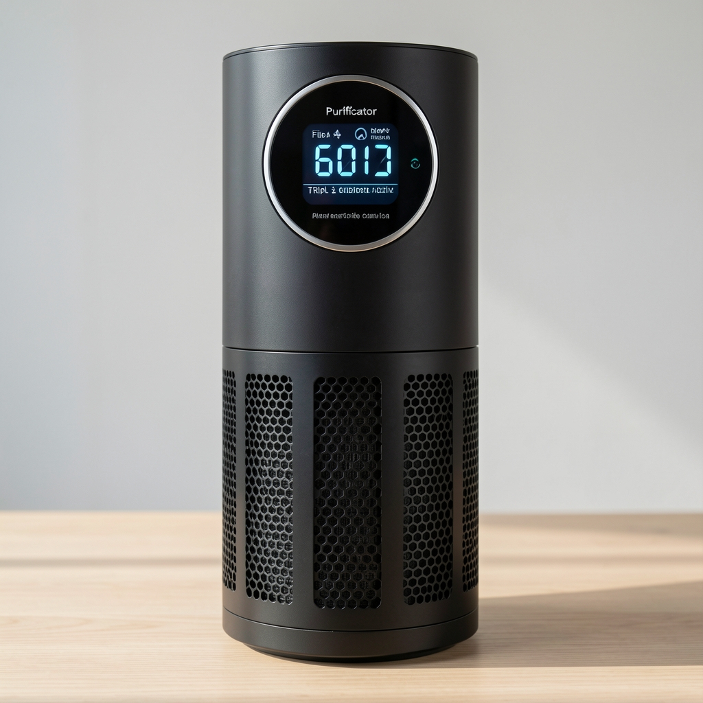 Purificator de aer Levoit Core 600S cu design cilindric negru, display digital circular, filtrare triplă HEPA și carbon activ, compatibil Alexa