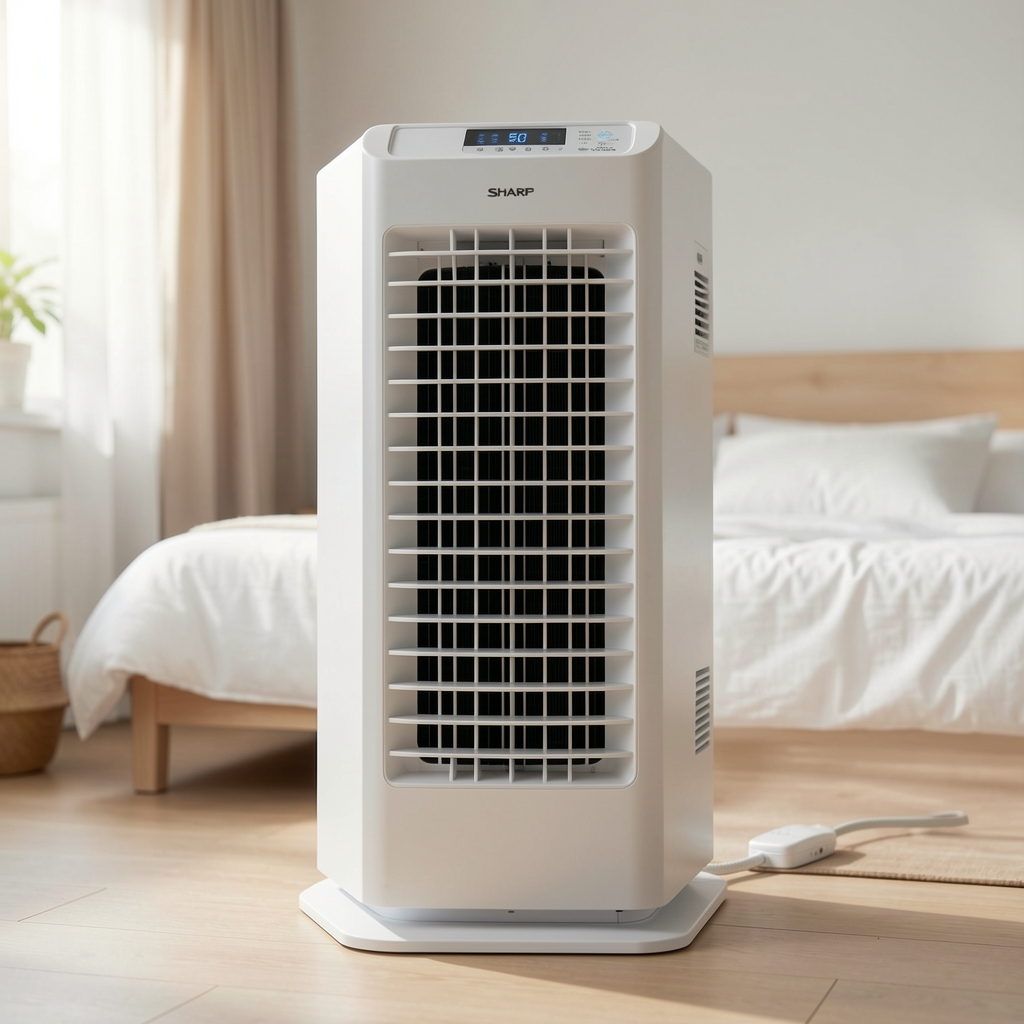 Purificator de aer Sharp FP-J80 cu tehnologie Plasmacluster ion și filtru HEPA, capacitate 56 mp, design vertical alb cu grile frontale, silentios pentru dormitor