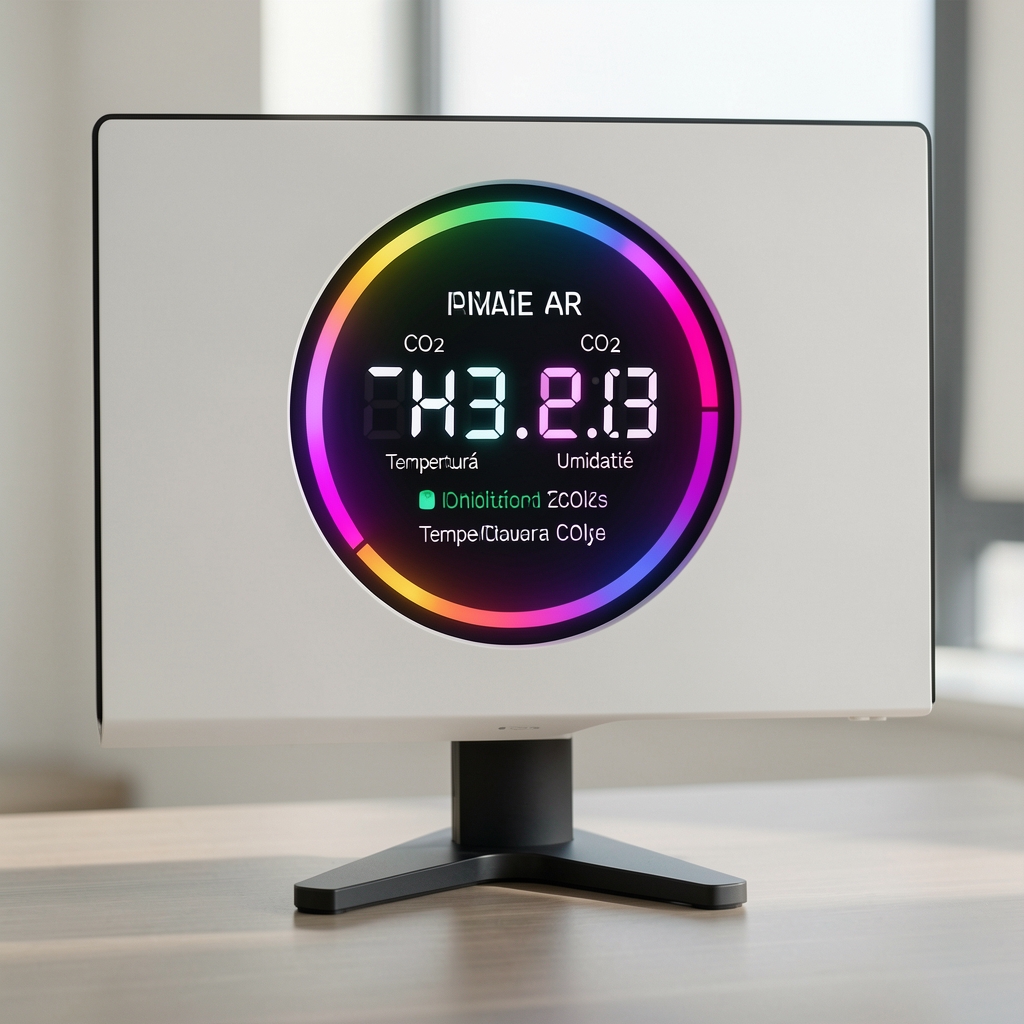 Monitor calitate aer Qingping Lite cu ecran color OLED circular, afișaj PM2.5, CO2, temperatură și umiditate, corp alb mat cu suport de birou negru
