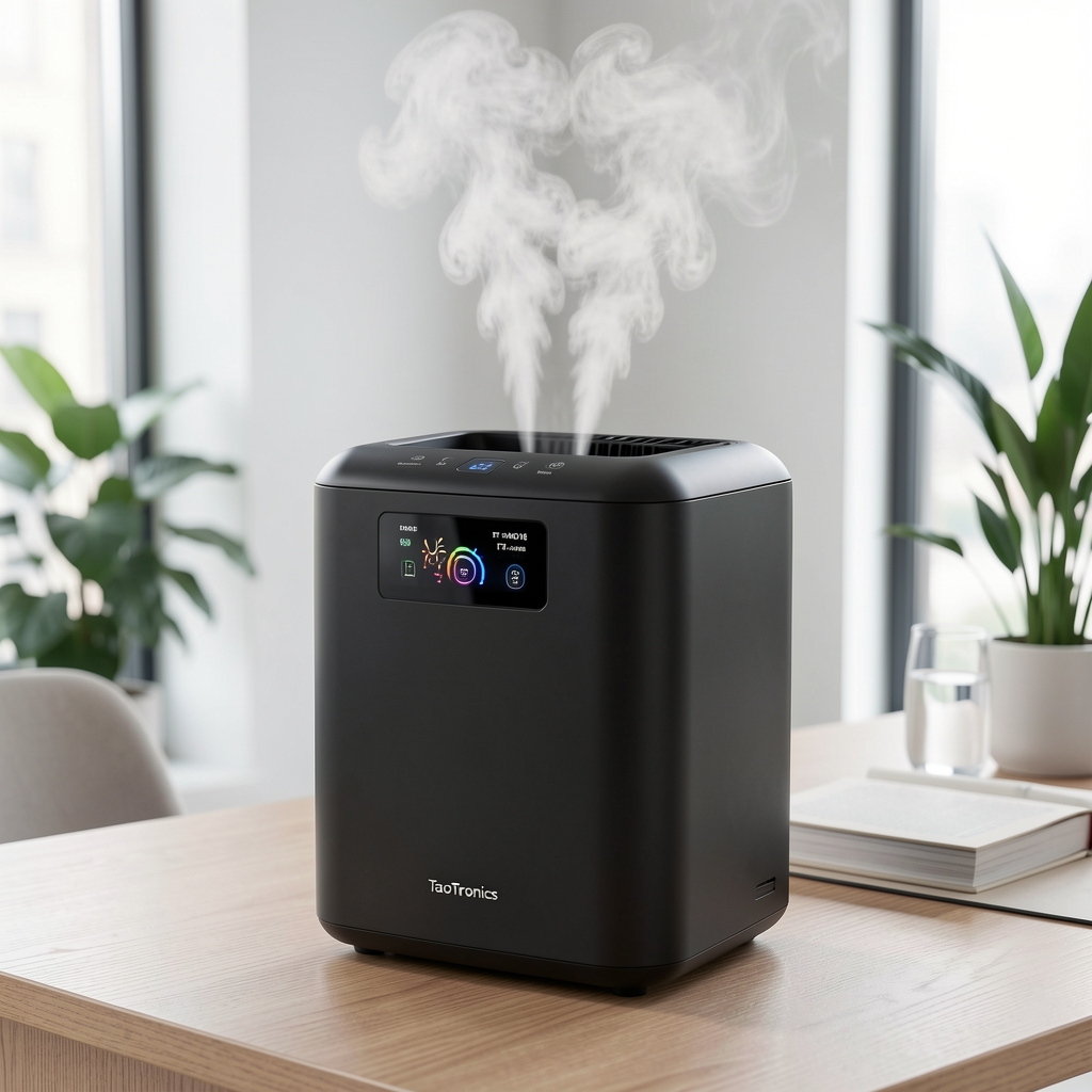 Umidificator TaoTronics TT-AH018 cu ultrasunete, top-fill ușor, corp negru mat cu ecran tactil colorat și duză de ceață cu 360 de grade