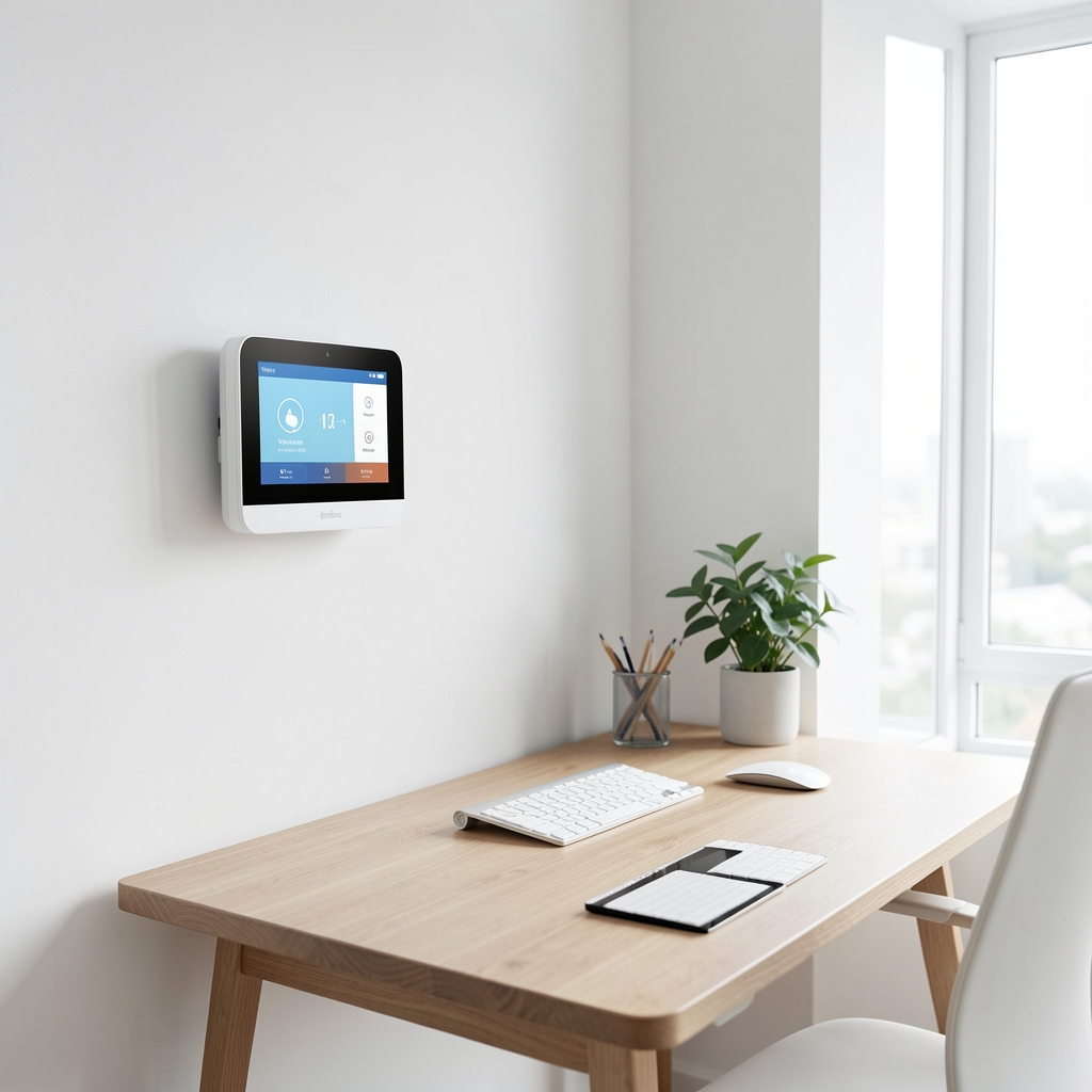 Termostat smart Ecobee SmartThermostat Premium cu ecran tactil color 4 inch, senzori de camera wireless inclusi, compatibil Alexa integrata, montaj pe perete alb
