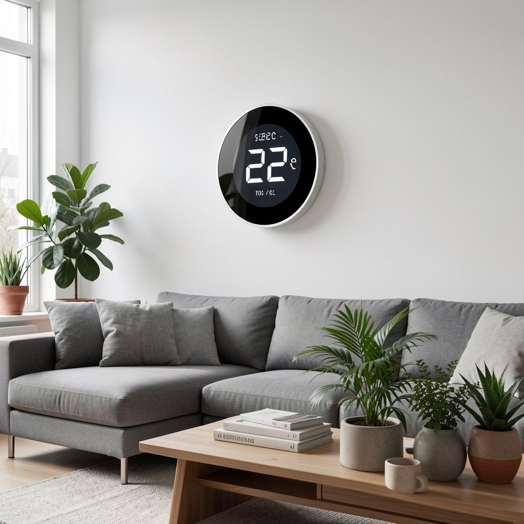 Termostat inteligent Netatmo Smart Thermostat montat pe perete alb în sufragerie modernă cu canapea gri și plante decorative, ecran circular digital afișând 22 grade Celsius