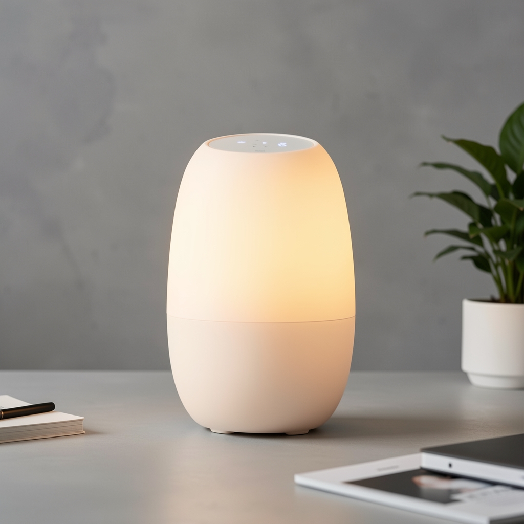 Umidificator ultrasonic Levoit Dual200S oval alb cu iluminare LED calda, fundal gri