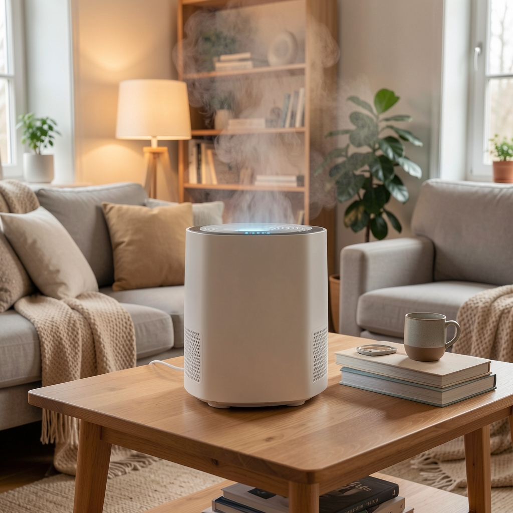 Umidificator cu ultrasunete modern pe o masă de living cu ceață fină vizibilă în aer, interior scandinav cu lumini calde