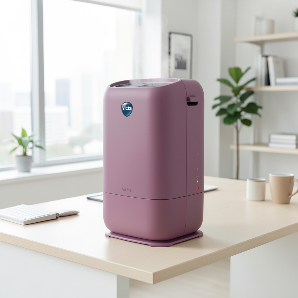 Umidificator cu abur cald Vicks VUL525, carcasă mov-violet cu capacitor de abur vizibil, indicator roșu nivel apă și bază stabilă antiderapantă