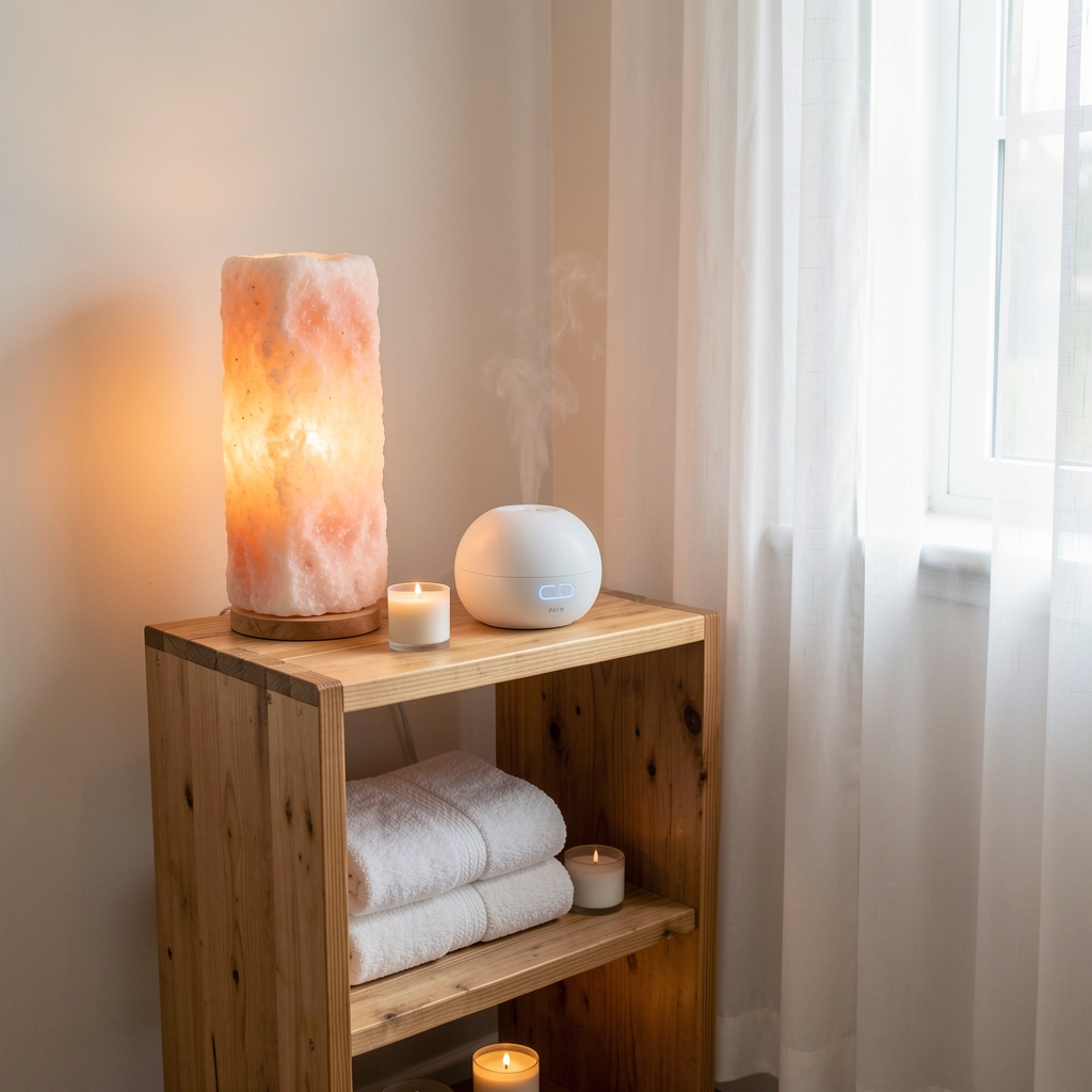 Spațiu de relaxare acasă cu lampă de sare, difuzor de aromaterapie activ, pernă de masaj și lumânări pe un raft de lemn natural lângă o fereastră cu perdele albe