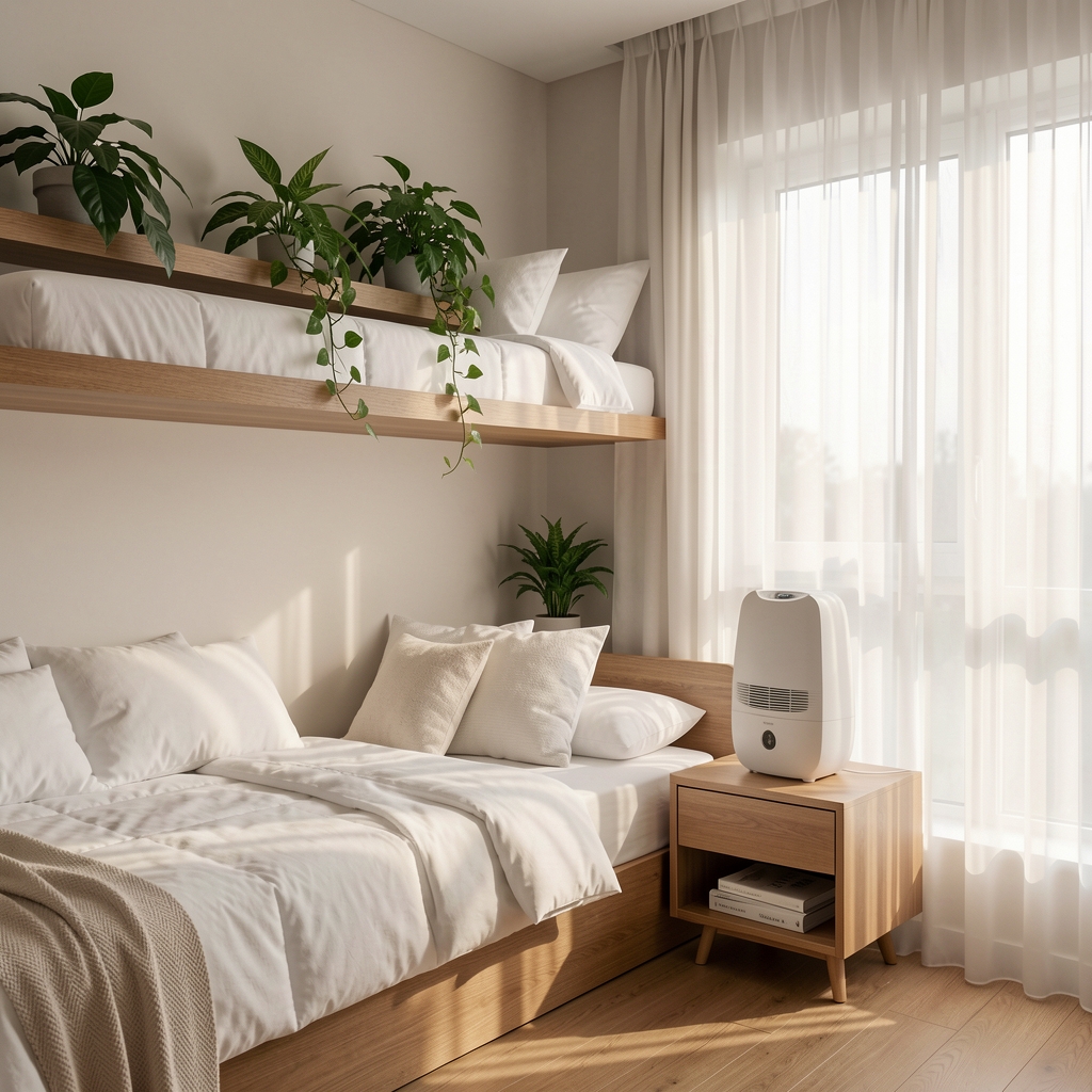 Interior dormitor modern cu paturi albe, plante verzi pe raft de lemn, umidificator pe noptieră și lumina naturala dimineata intrând prin perdele diafane