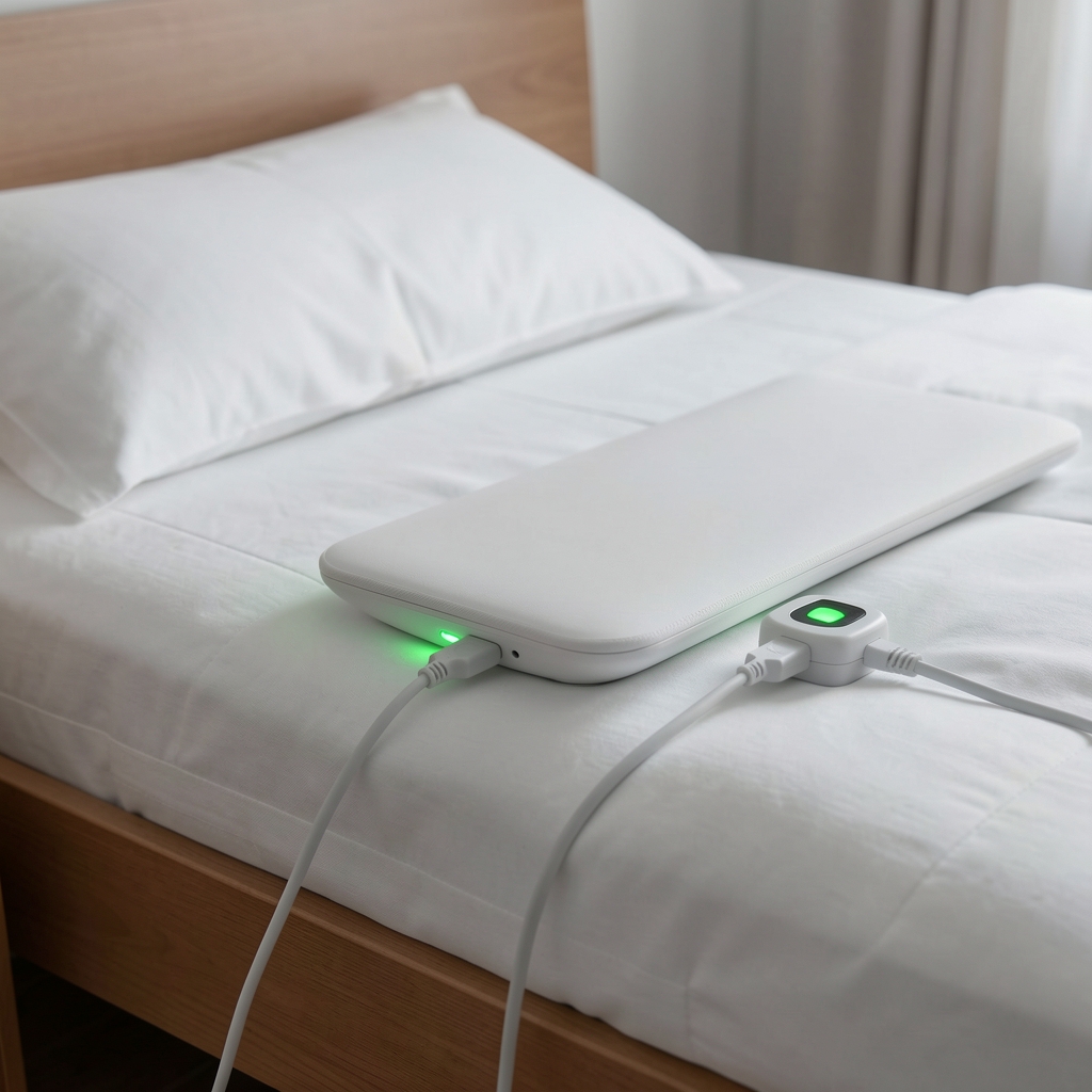 Analizor de somn Withings Sleep, salteluță subțire albă plasată sub saltea, conectată la priză cu indicator LED verde, monitorizare fără purtare pe corp