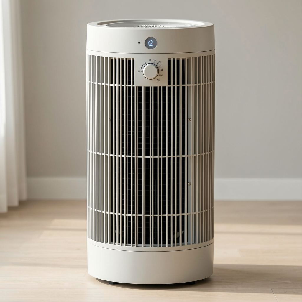 Ventilator turn Xiaomi Mi Smart Standing Fan 2 Pro, design vertical cilindric alb-gri, grile de protecție fine și buton rotativ de control al vitezei