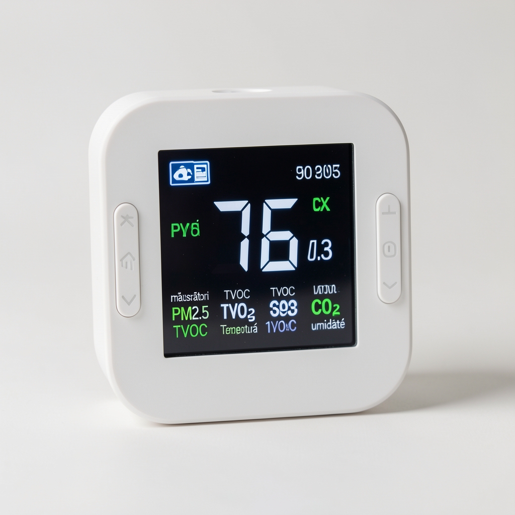 Detector calitate aer Xiaomi Mijia cu ecran color, măsurători PM2.5, TVOC, CO2, temperatură și umiditate, design compact alb cu butoane tactile laterale