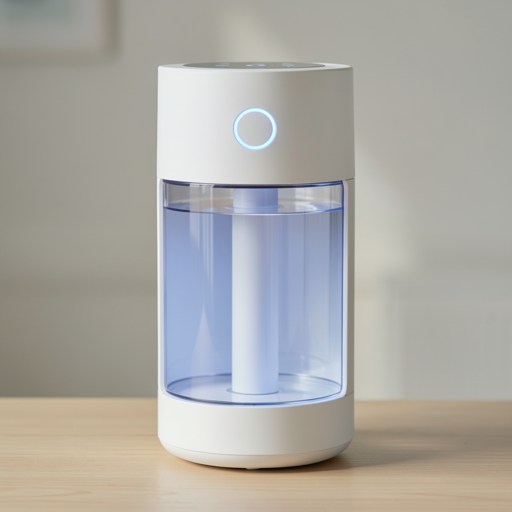 Umidificator Xiaomi SmartMi cu ultrasunete, design cilindric alb, afișaj LED albastru și rezervor de 4 litri vizibil în secțiune transparentă